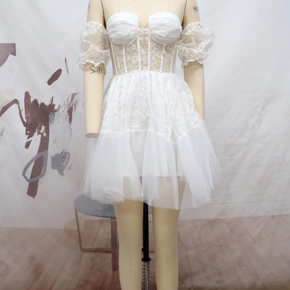 (Last 2)❣️White boho mini lace off festival shoulder dress - Picture 6 of 8